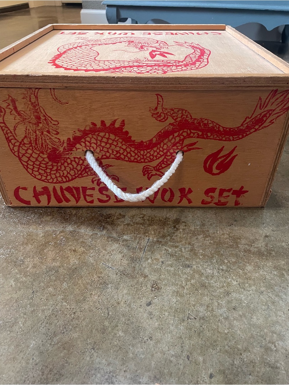 Vintage Wooden Chinese Wok  Box with Red Dragon Graphic 1970-1980 ( box only )